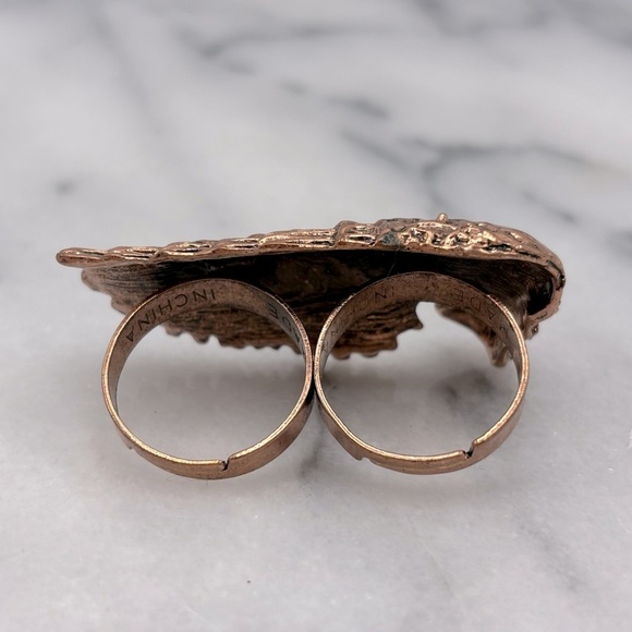 Skull Biker Ring in Rose Gold Copper Color Duo Finger Knuckle Ring with Crystal - Picture 3 of 4